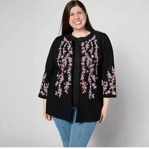 GRAVER Susan Graver Embroidered Cotton Topper-Black/Pink-Petite 1X-NEW-A630817